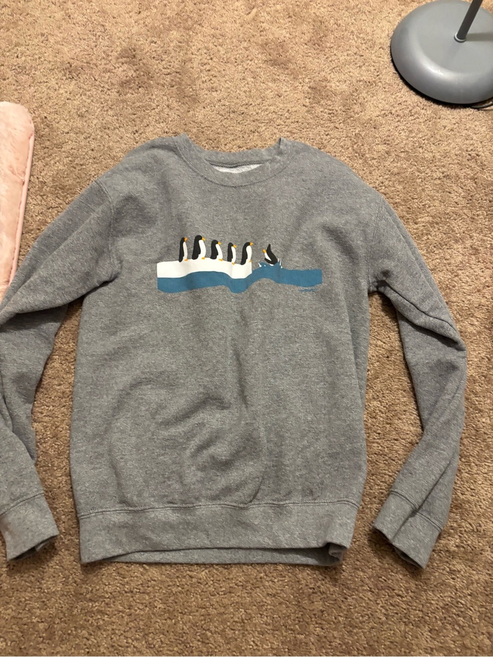 Gray Crewneck Sweater with Penguin Graphic